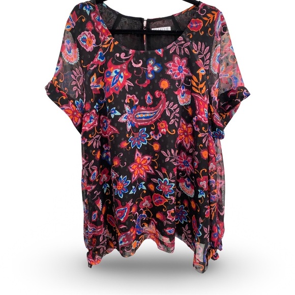 Estelle Tops - Estelle Floral Paisley Shirt Bitty Dot Metallic Asymmetrical Hem Top Size 2X